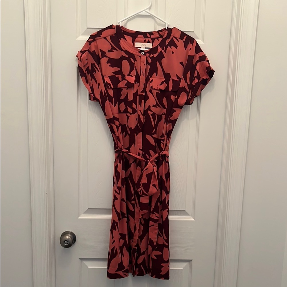 LOFT Pink and Maroon Dress with Tie